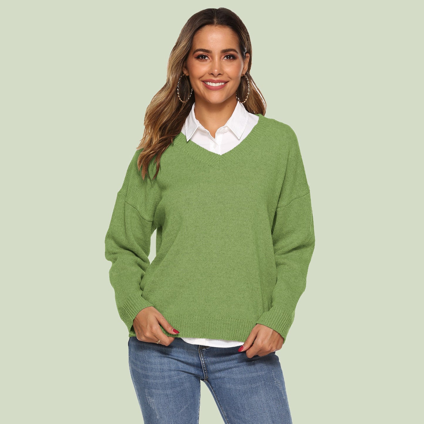 Pull en tricot femme col en V confortable manches longues