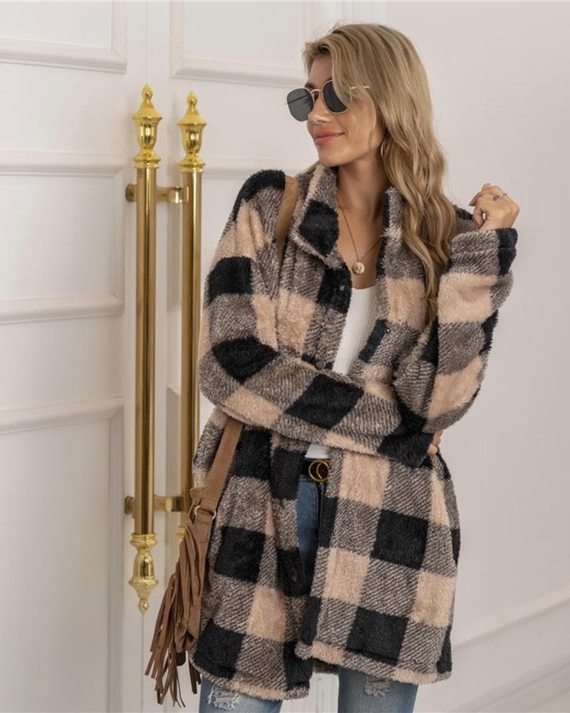 Manteau d'hiver oversize doux à carreaux avec boutons