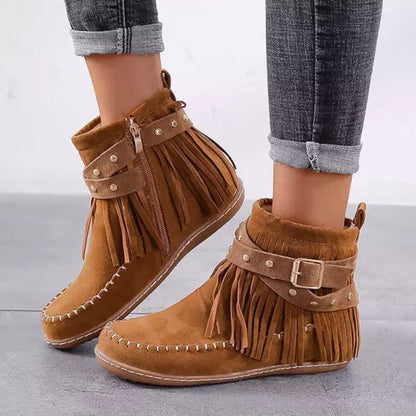 Stiefel Damen Flach Nieten Riemen Schnalle - IdealeKleiden