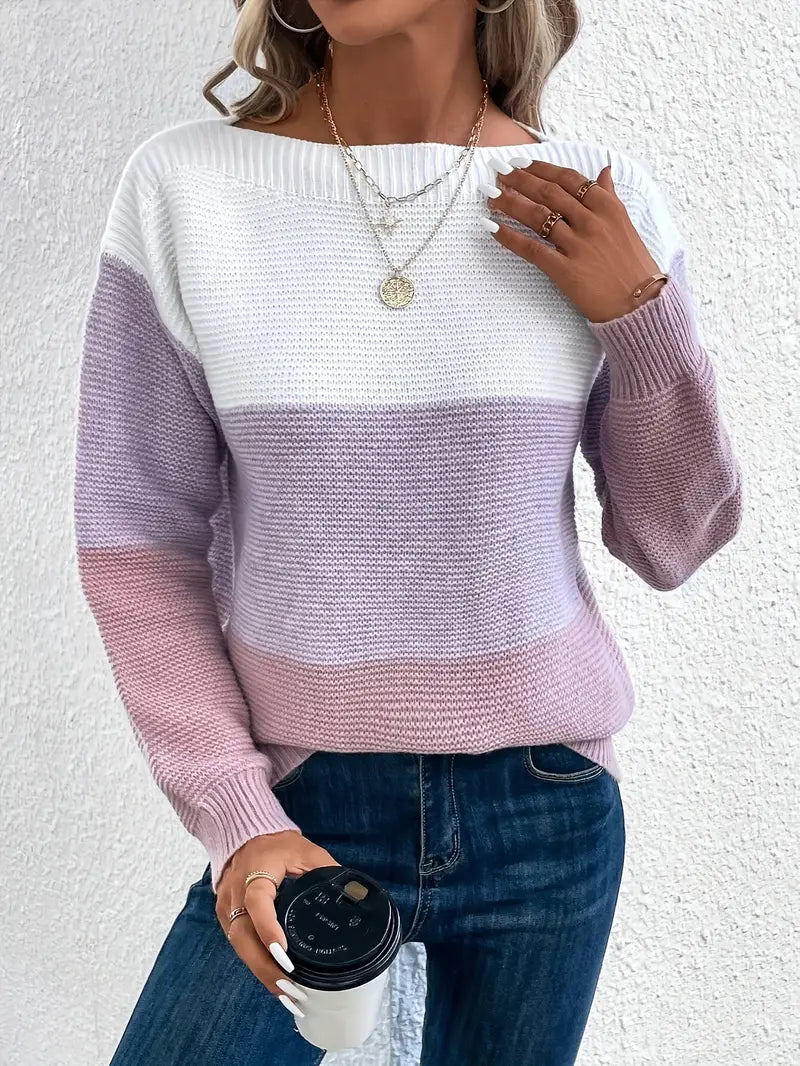 Pull en tricot à manches longues col rond coloré pour femme