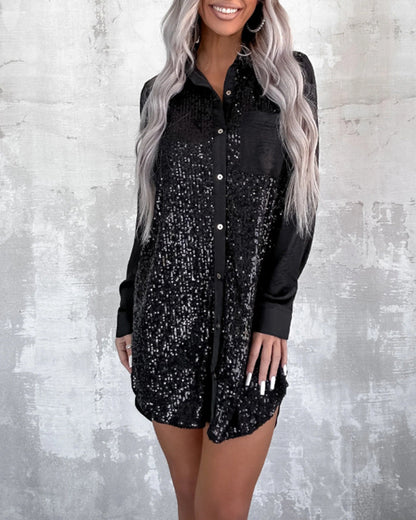 Elegantes Kleid Revers Knopf Glitzer - IdealeKleiden