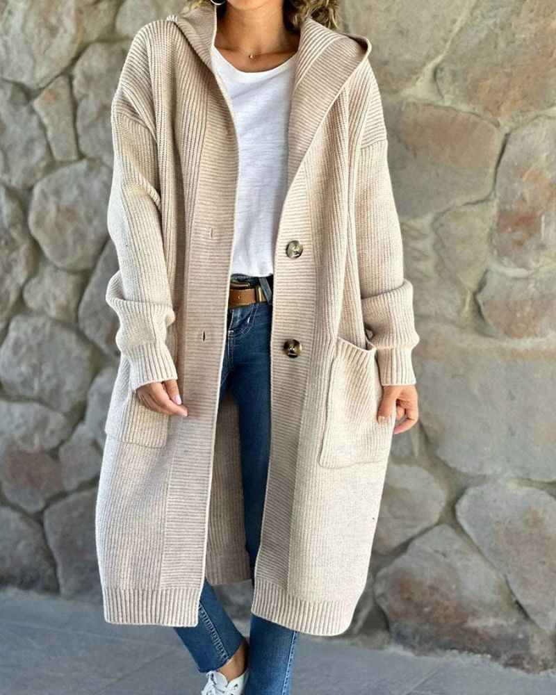 Manteau à capuche long en tricot pour femme