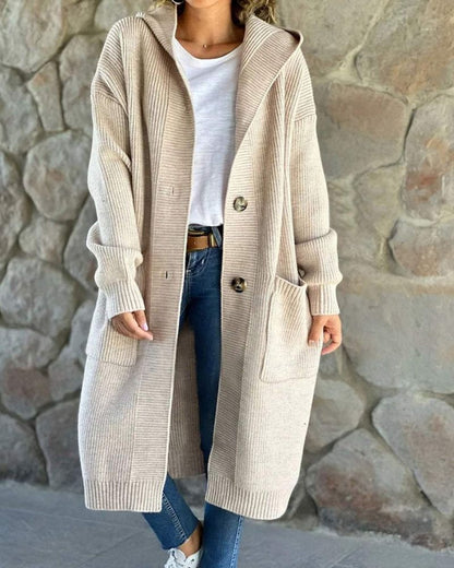 Manteau à capuche long en tricot pour femme