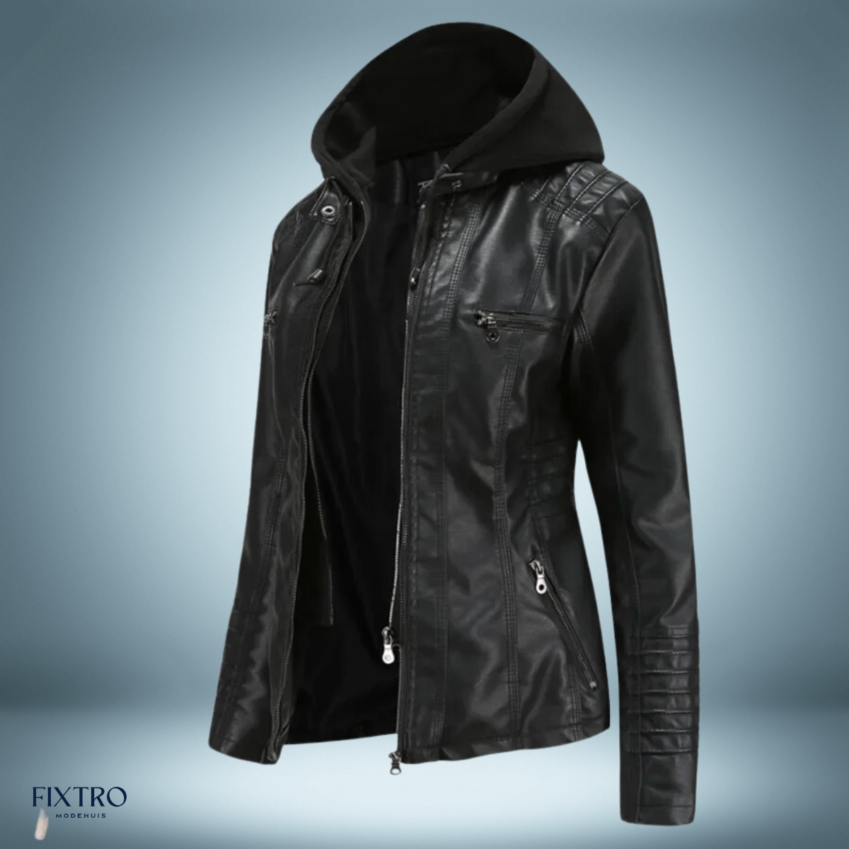 Lederjacke Mit Kapuze Biker Stil - IdealeKleiden