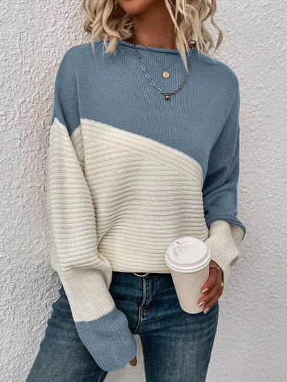 Pull élégant col rond motif color block
