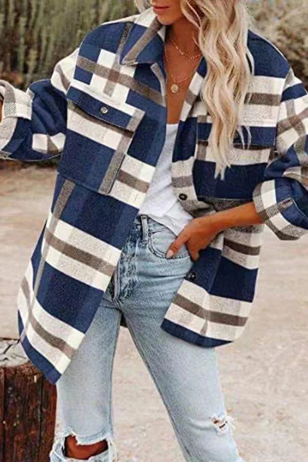 Veste à carreaux tendance pour femme avec poches pratiques
