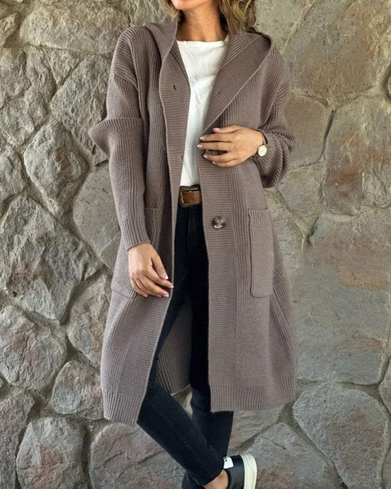 Manteau à capuche long en tricot pour femme