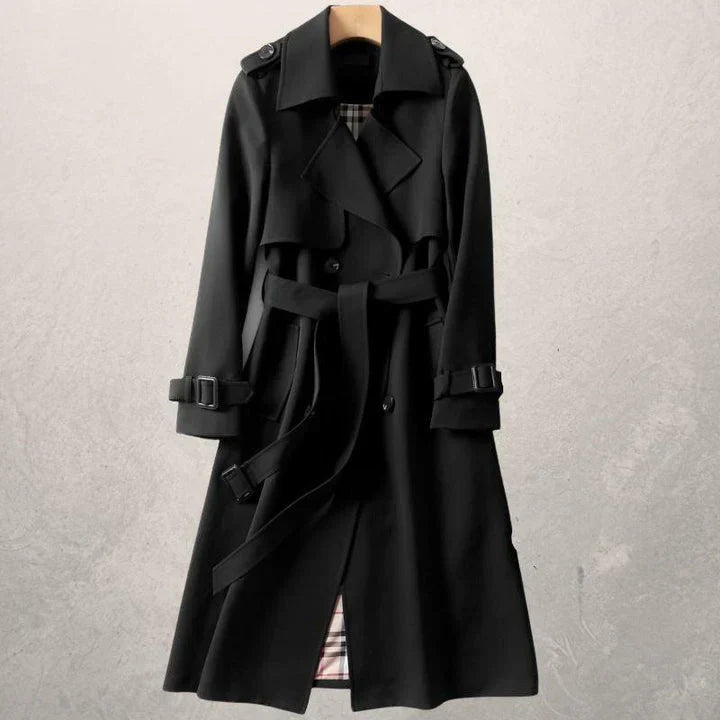 Manteau long double boutonnage élégant rouge rubis pour femme