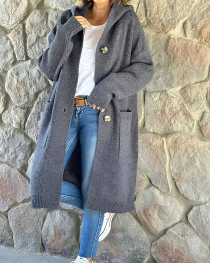 Manteau à capuche long en tricot pour femme