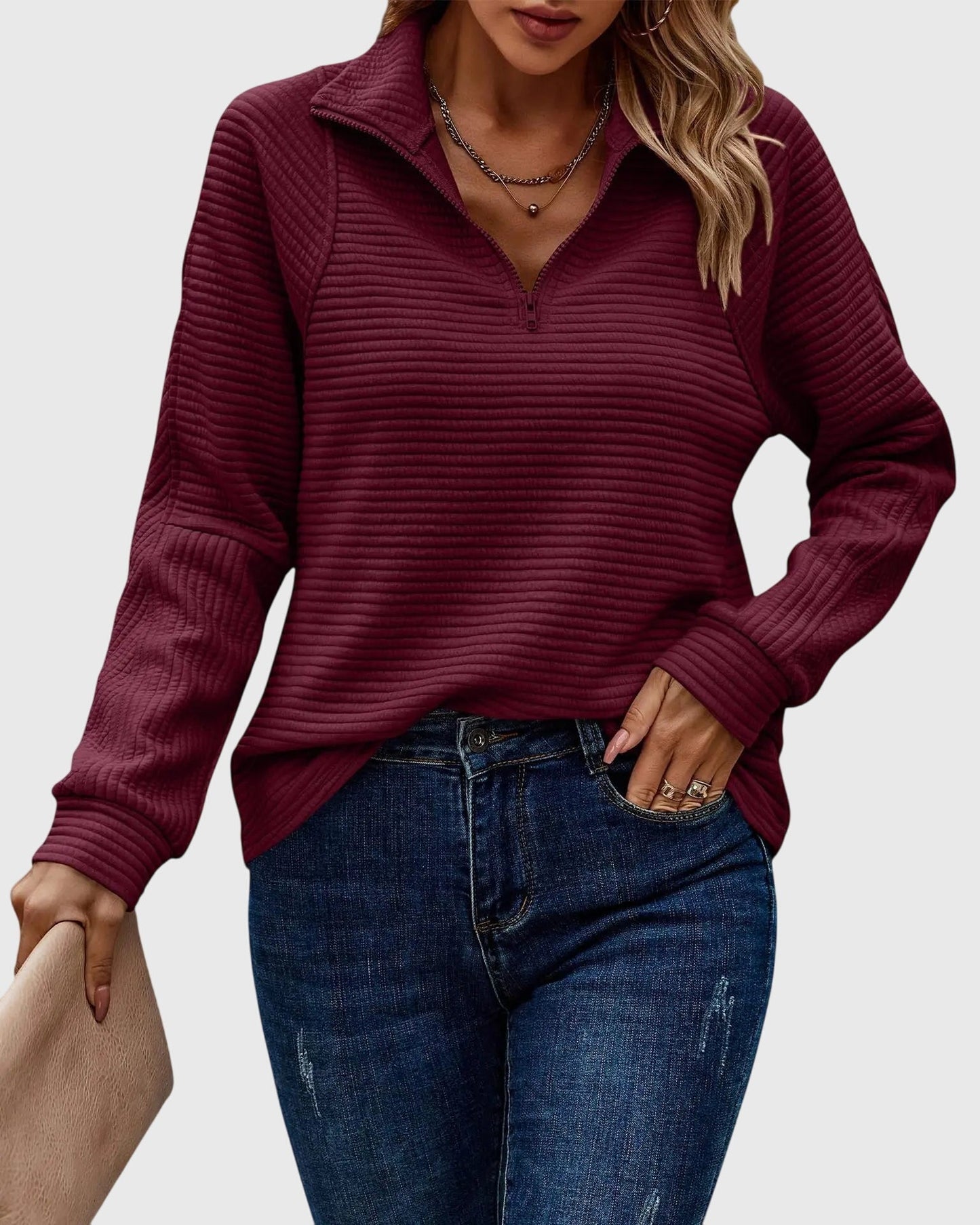 Pull à manches longues confortable pour femme avec fermeture éclair