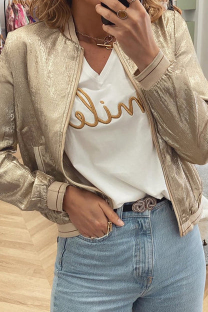 Blouson Teddy tendance Kaki Métallisé Fermeture Rapide