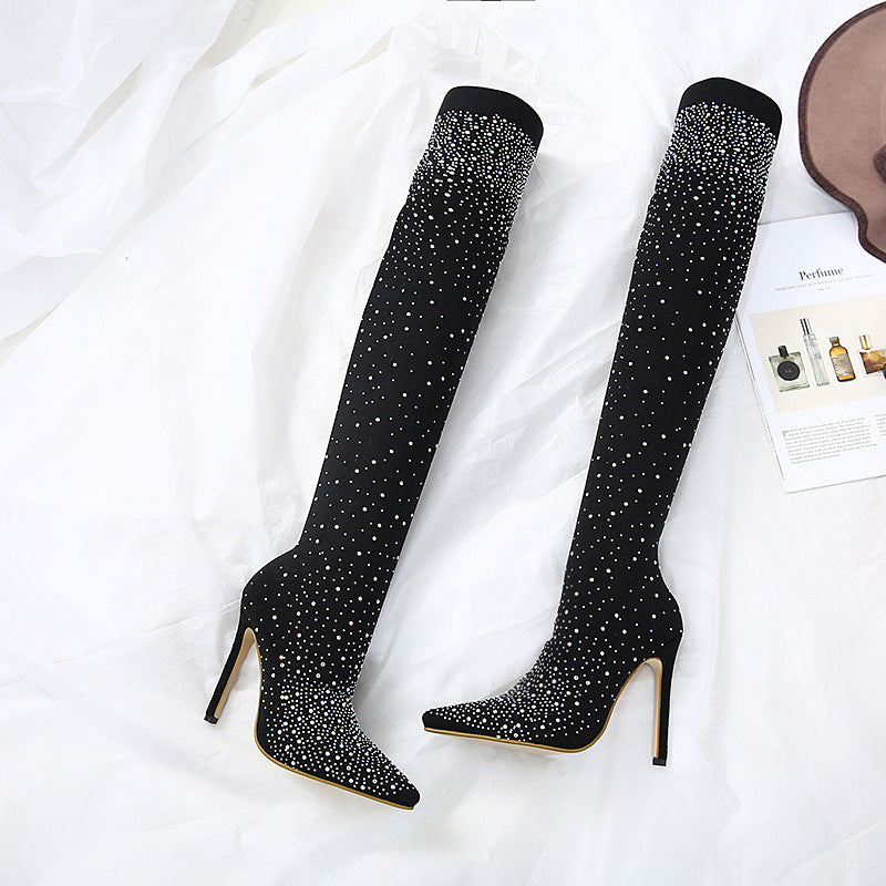 Strass Stiefel Damen High Heel Überknie - IdealeKleiden