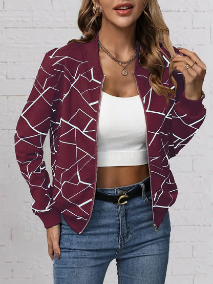 Blouson bombardier tendance imprimé géométrique à fermeture éclair