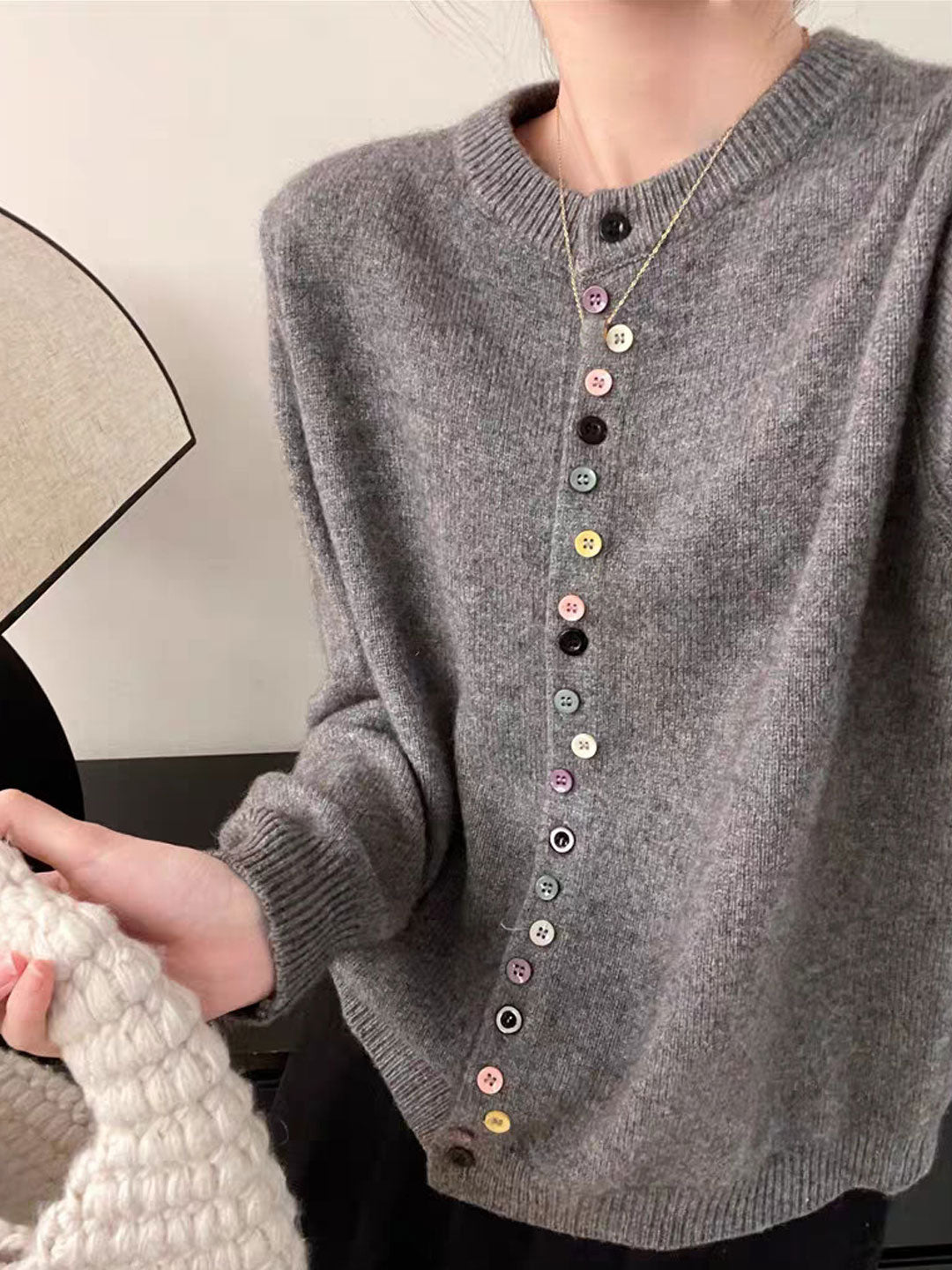 Cardigan coloré col rond doux multicolore