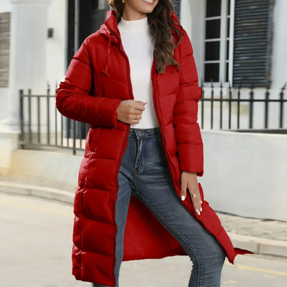 Manteau long à capuche en duvet pour femme, avec ceinture