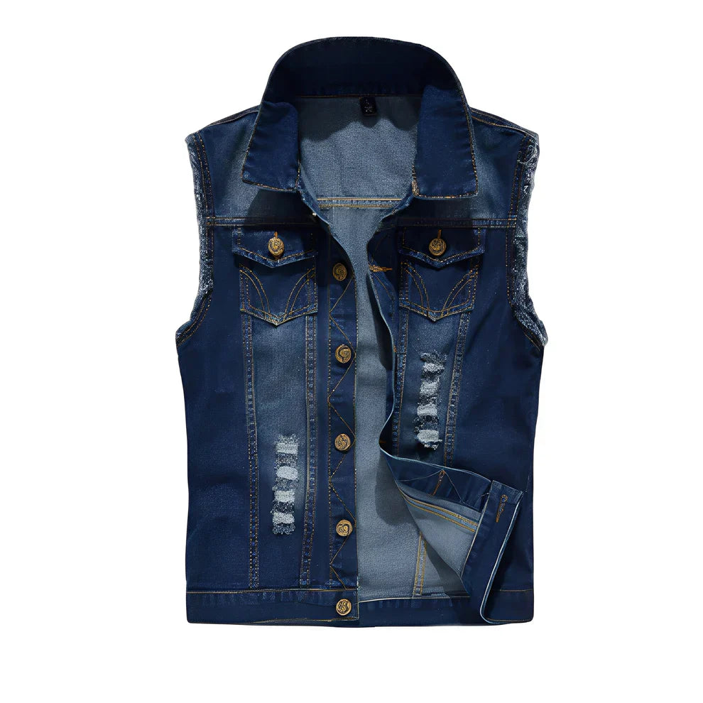 Gilet en jean pour hommes style rétro avec poches