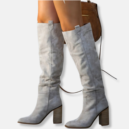 Bottes élégantes pour femmes - Aspect daim - Talon épais - Bout pointu