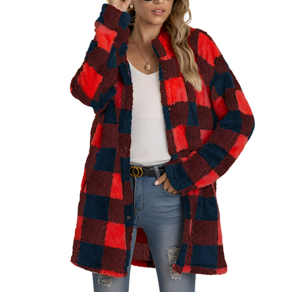 Élégante veste longue à carreaux pour femme