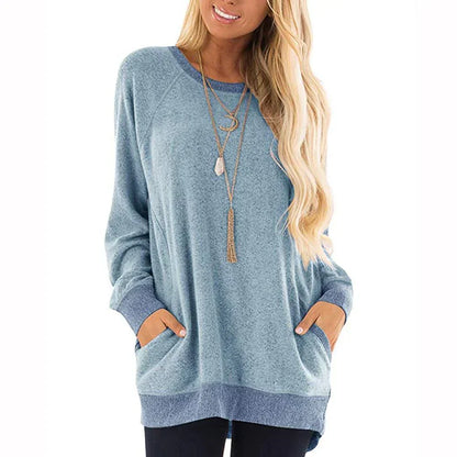T-shirt manches longues col rond pour femme, 2 poches
