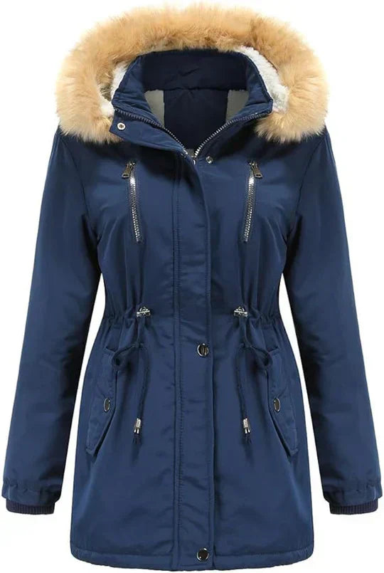 Long manteau d'hiver à capuche fausse fourrure polaire