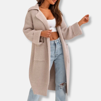 Long gilet en maille grande taille, à capuche et avec poches
