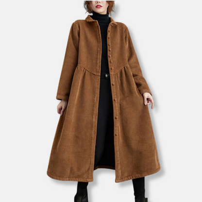 Manteau long femme en velours côtelé, coupe évasée, ample