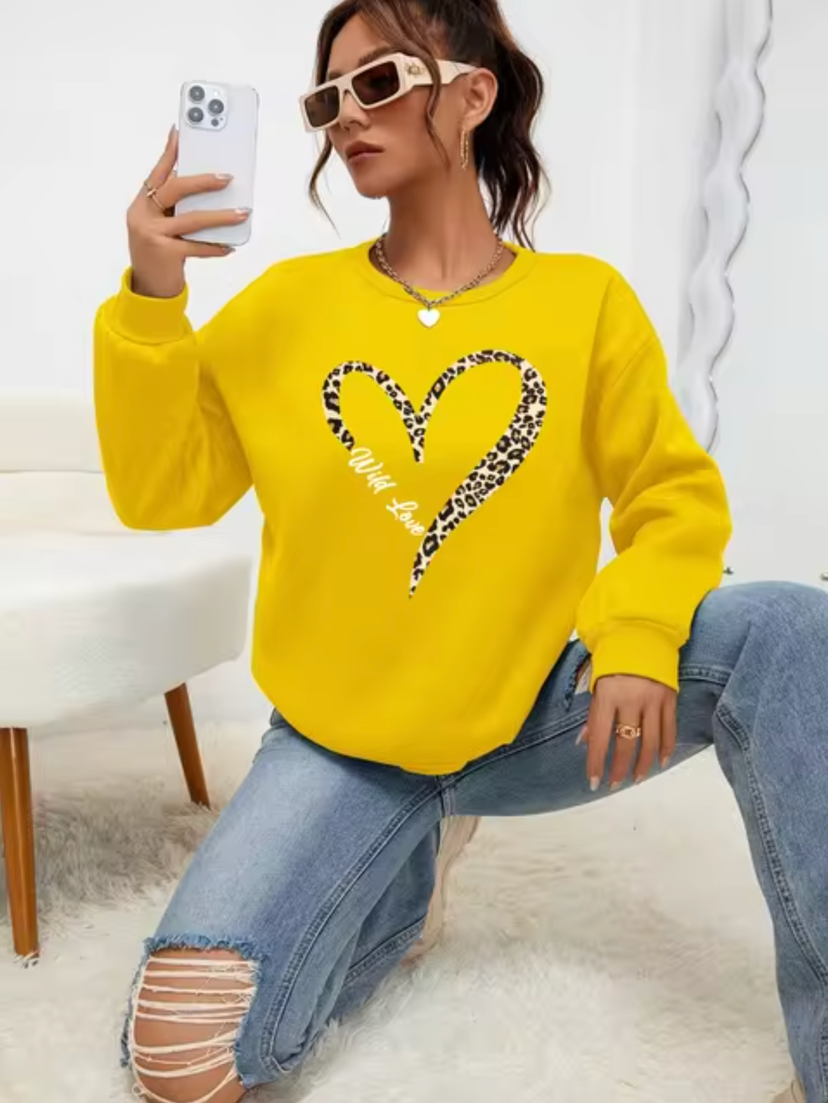 Pull tendance à motif léopard et cœur
