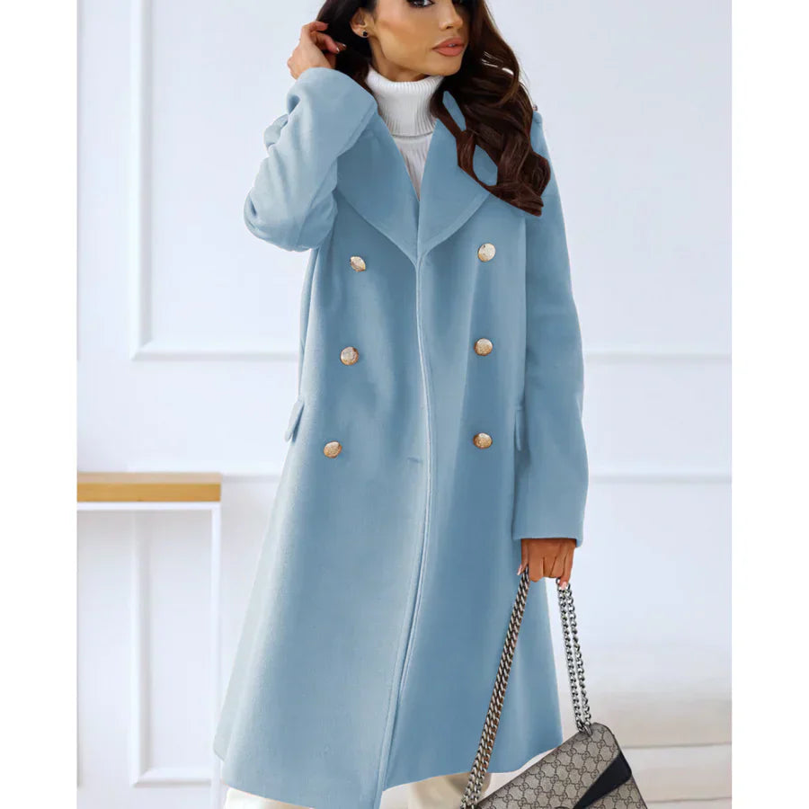Manteau élégant pour femme, long, cintré, double boutonnage