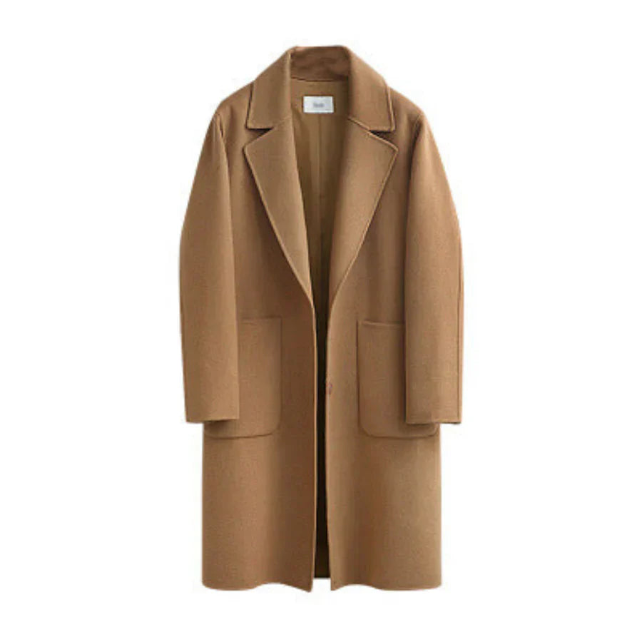 Trench-coat élégant en laine mélangée coupe ample longueur midi