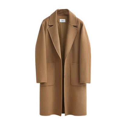 Trench-coat élégant en laine mélangée coupe ample longueur midi