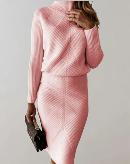 Ensemble deux pièces chic pour femme, pull col roulé coupe ajustée et jupe midi