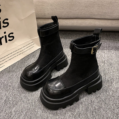 Bottes élégantes en toile courtes à semelles épaisses avec fermeture rapide