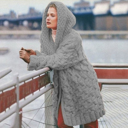 Cardigan tricoté long à capuche ouvert