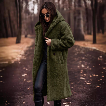 Manteau d'hiver long en teddy pour femme avec capuche
