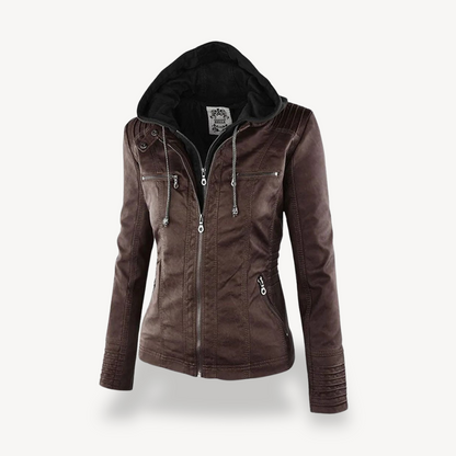 Blouson en cuir imperméable pour femme avec capuche, tendance