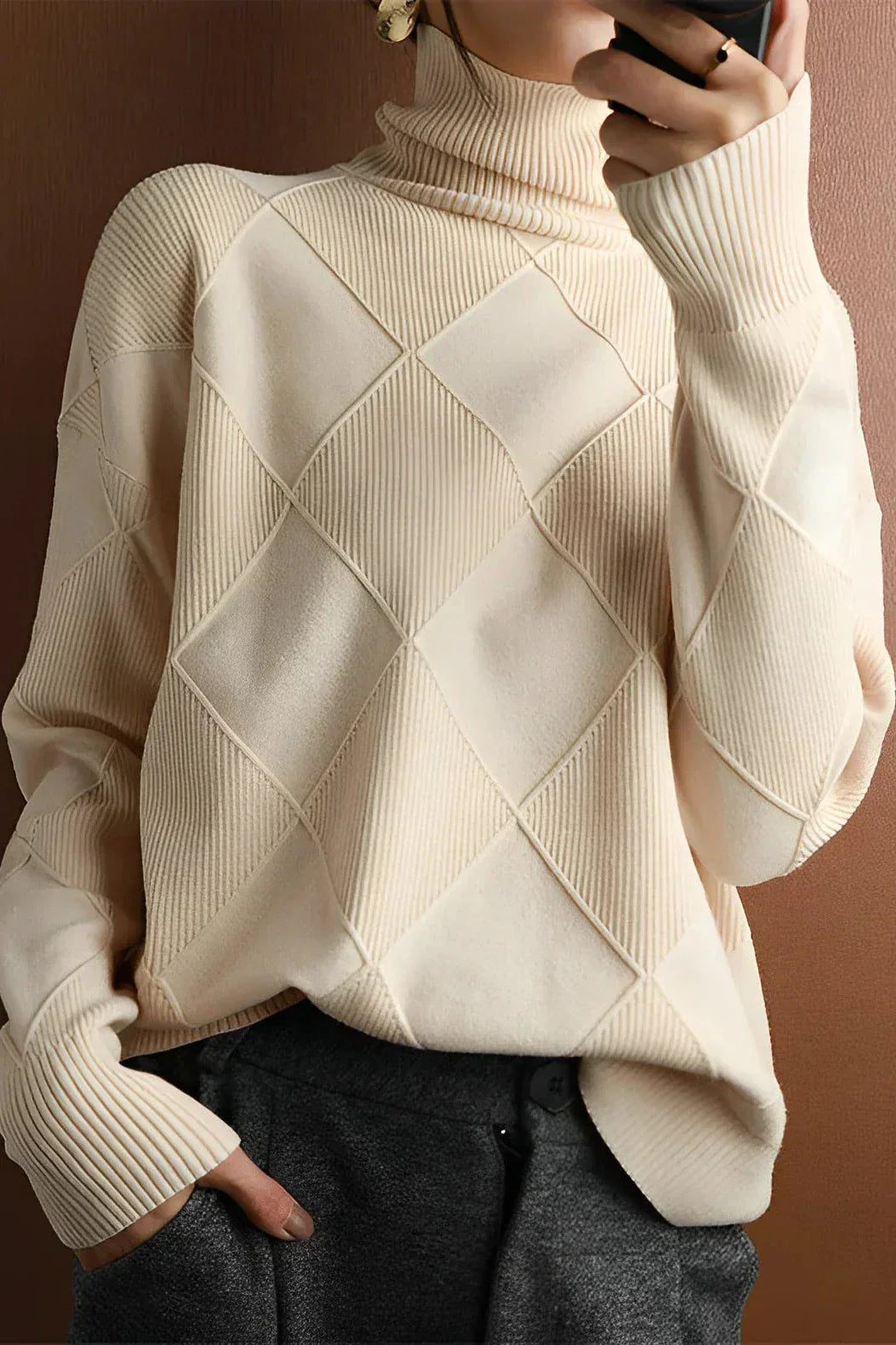 Pull en tricot diamant élégant col roulé pour femmes