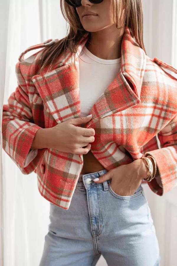 Veste d'automne femme à carreaux, col officier