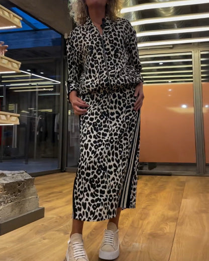 Ensemble robe avec jupe à rayures et veste léopard