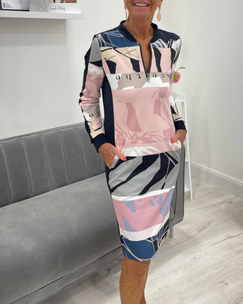 Robe à manches longues et poche, motif blocs de couleur