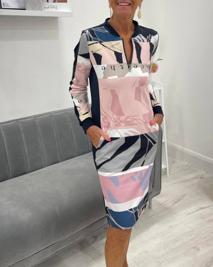 Robe à manches longues et poche, motif blocs de couleur