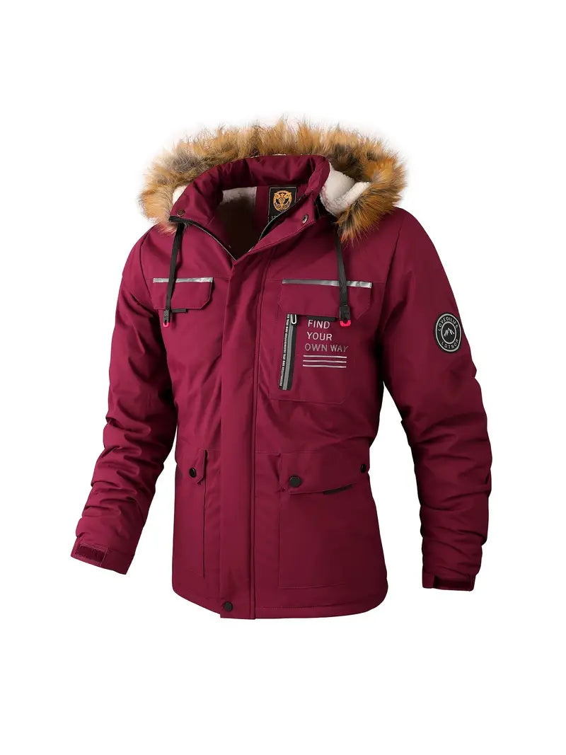 Veste d'hiver homme imperméable doublée à capuche fourrure