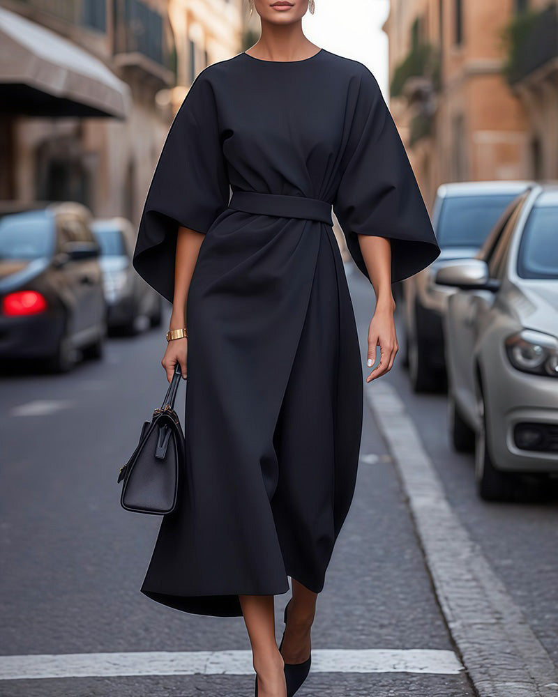 Damenkleid Mit Gürtel Midilang Elegант - IdealeKleiden