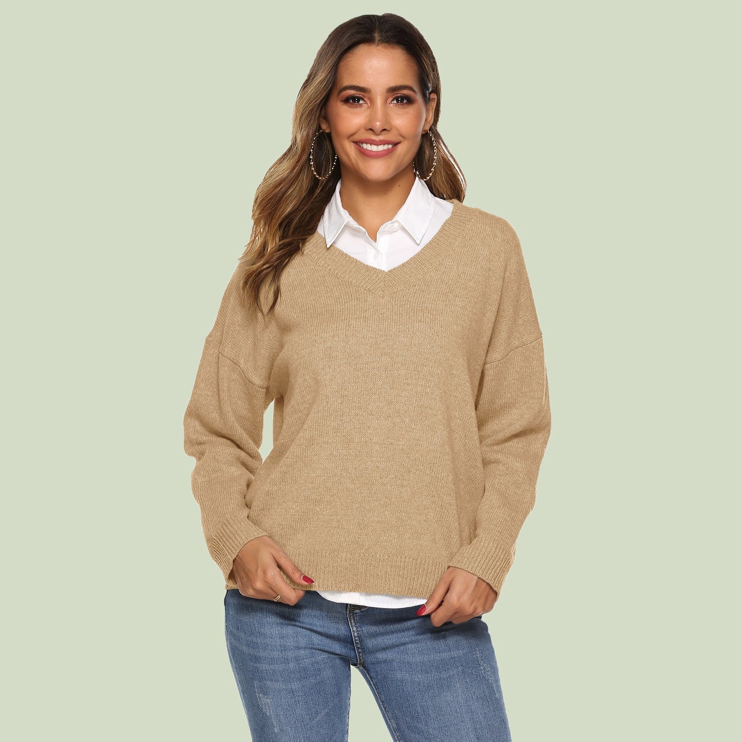 Pull en tricot femme col en V confortable manches longues