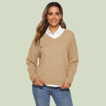 Pull en tricot femme col en V confortable manches longues