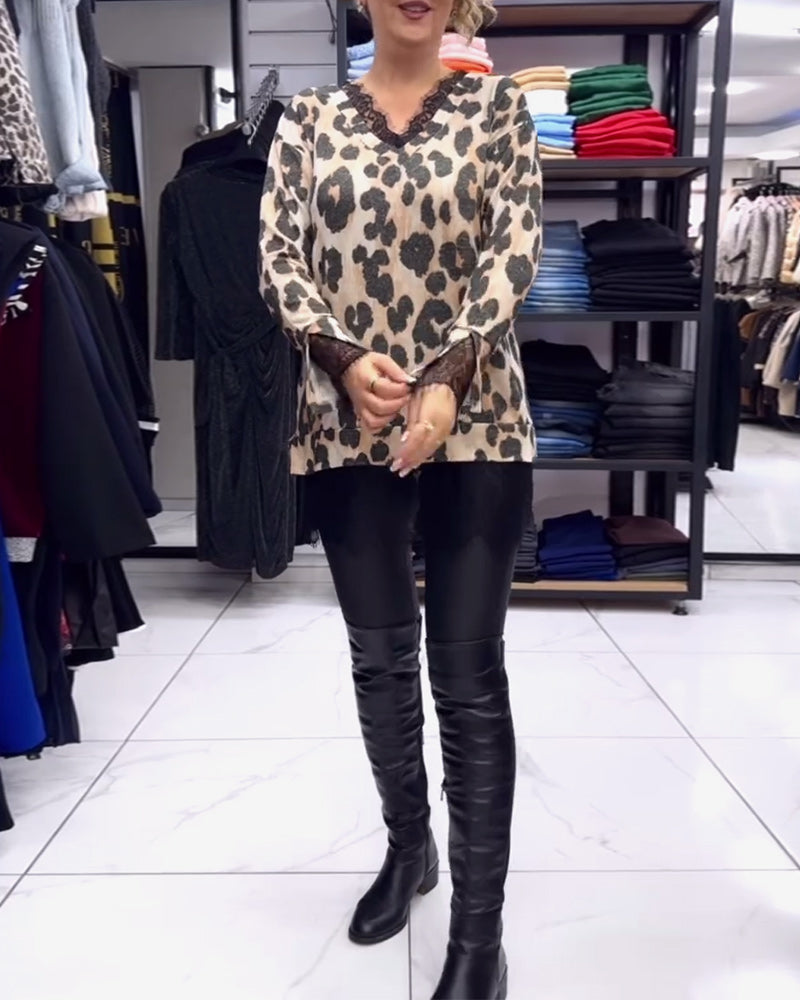 Frauenkleid Lässig V-Ausschnitt Leopardenprint Spitze - IdealeKleiden