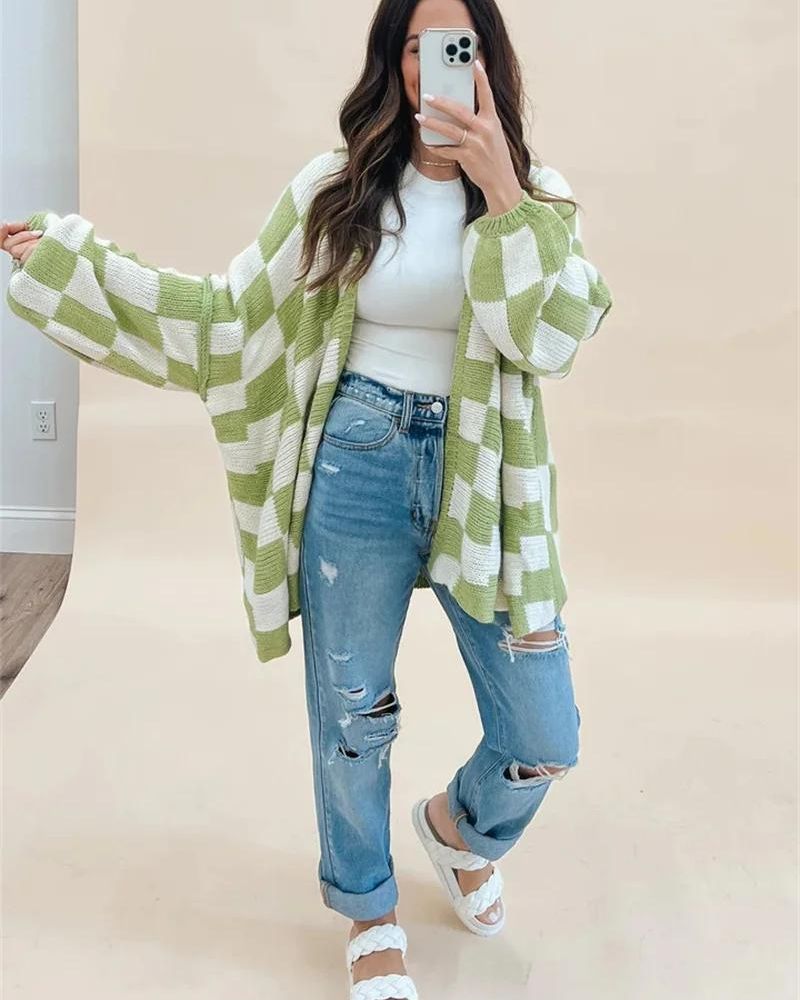 Übergroße Strickjacke Kariert Oversized - IdealeKleiden