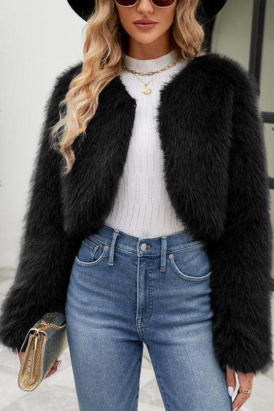 Lange Ärmel Kurze Lässige Kunstpelzjacke → Veste en fausse fourrure Tendance Manches longues Décontracté