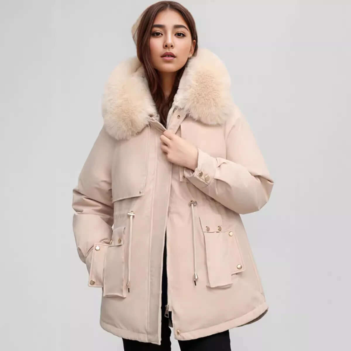 Manteau d'hiver femme col fausse fourrure élégant