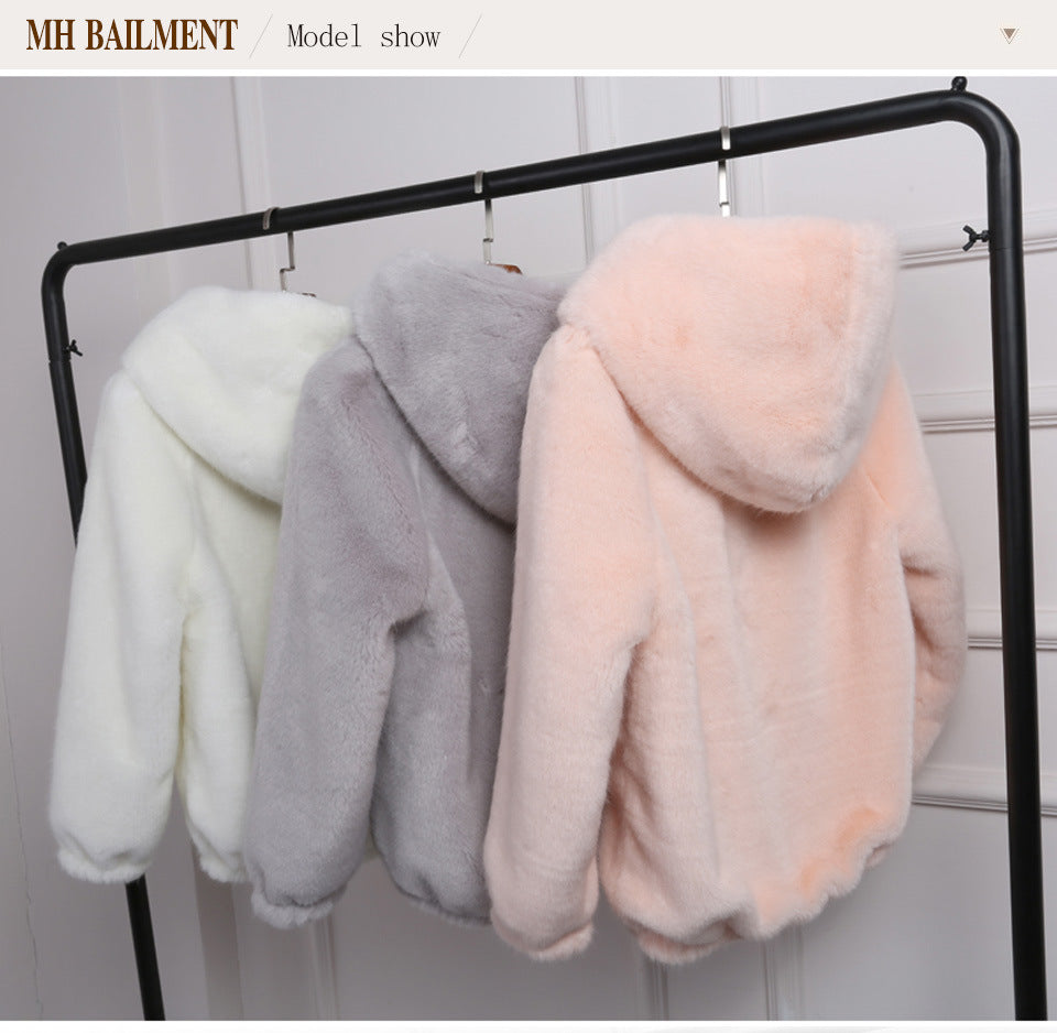 Damen Plüschjacke Warm Kapuze Fleece Oberfläche - IdealeKleiden