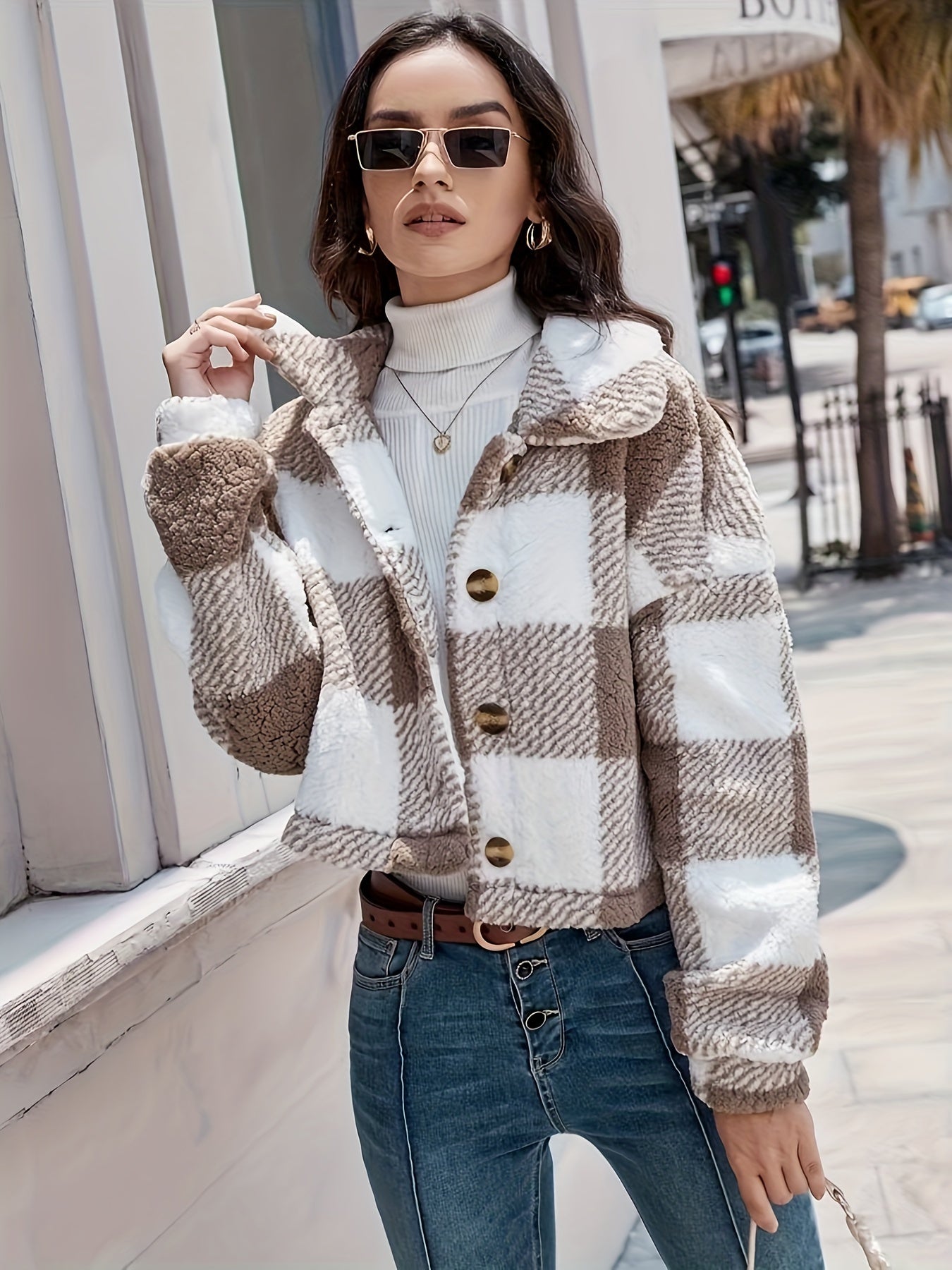 Veste Teddy à carreaux pour femme, moderne, avec fermeture boutonnée